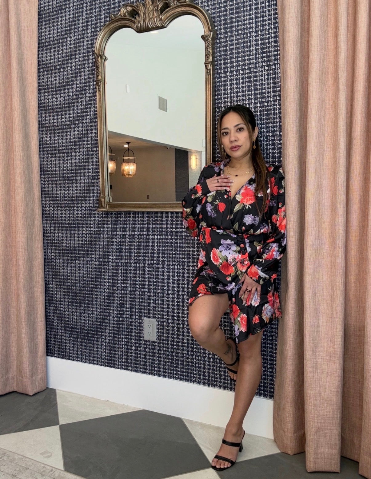 Red Floral Satin Dress